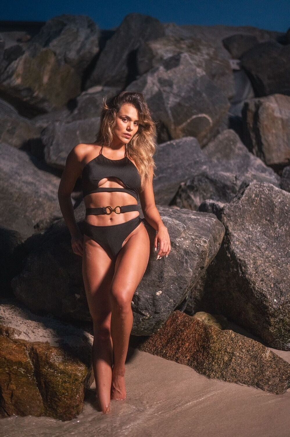 Designer belted swimsuit set inspired by Bond girl elegance