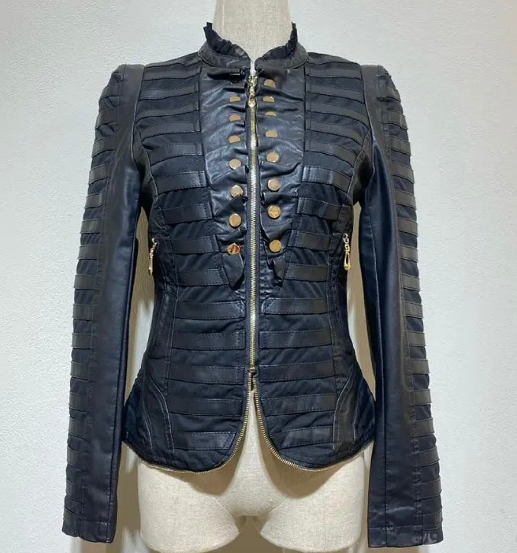 Faux Leather Jacket With Gold Buttons, Zip Front Close Military Style