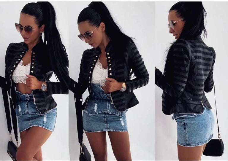Faux Leather Jacket With Gold Buttons, Zip Front Close Military Style