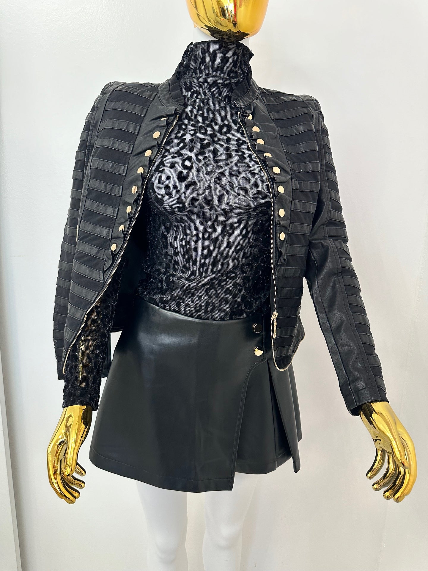 Faux Leather Jacket With Gold Buttons, Zip Front Close Military Style