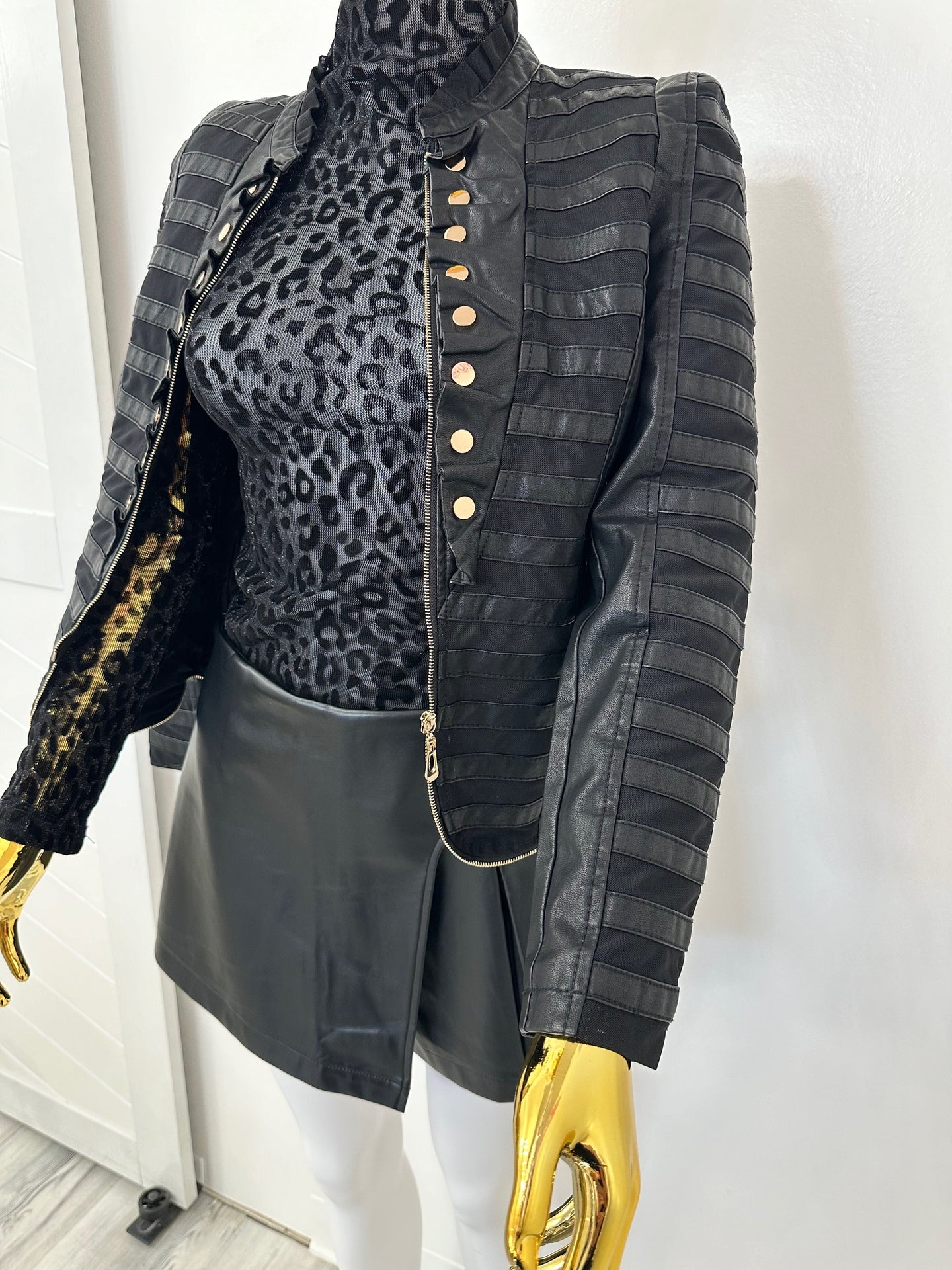 Faux Leather Jacket With Gold Buttons, Zip Front Close Military Style