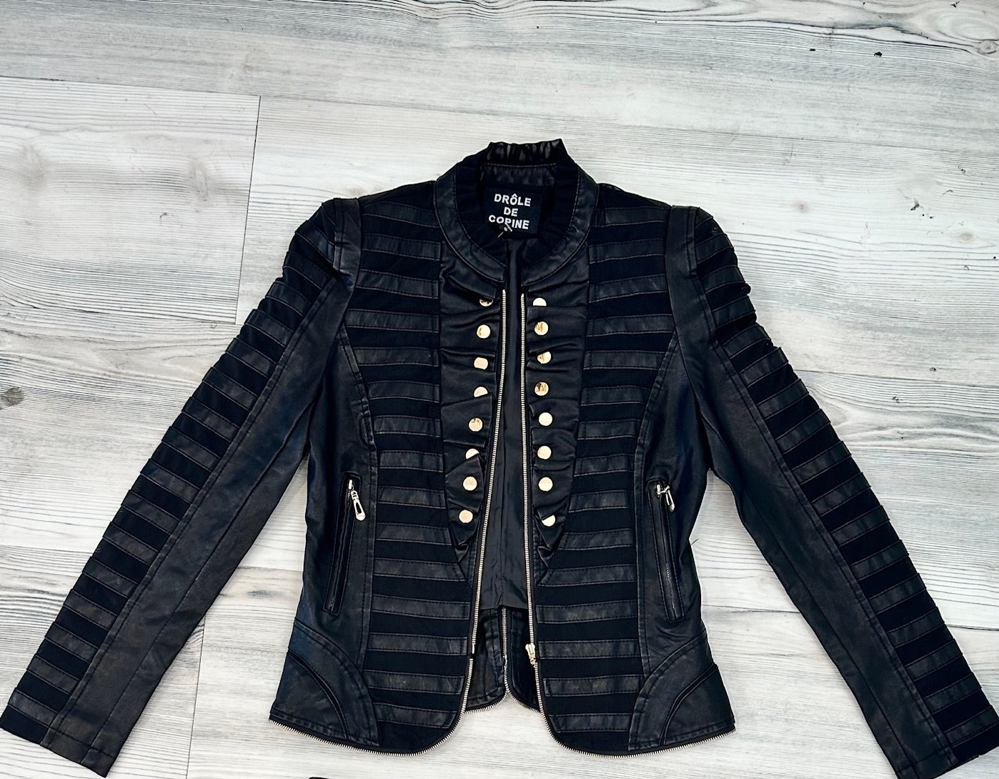 Faux Leather Jacket With Gold Buttons, Zip Front Close Military Style