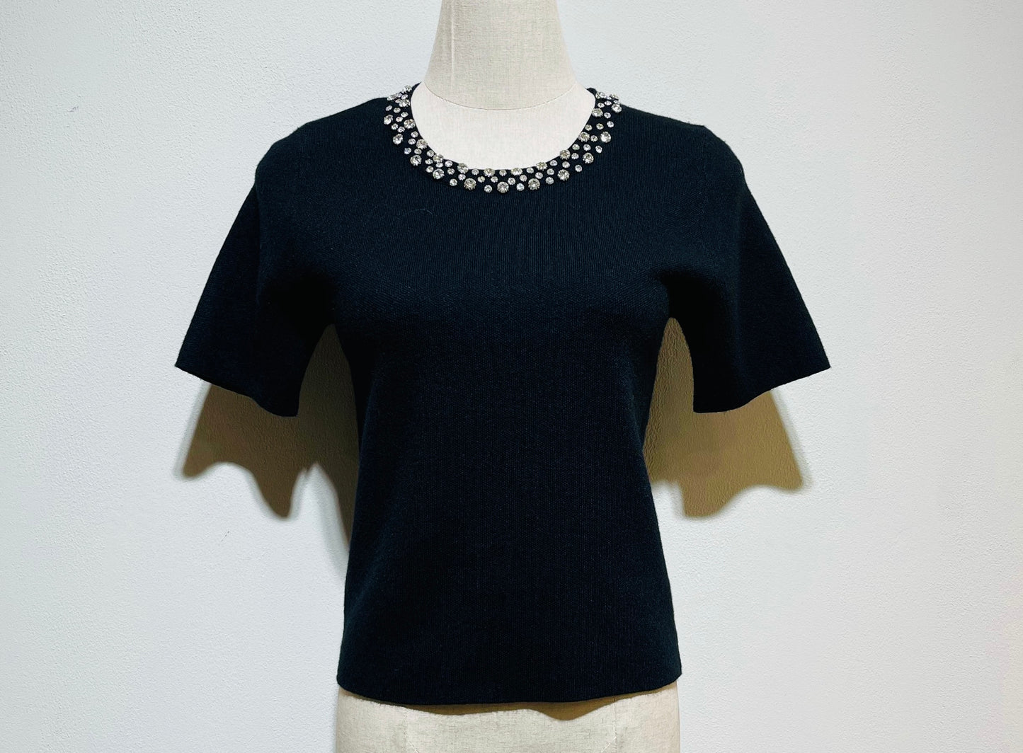 Rhinestone Adorned Mock Neck Short Sleeves Sweater.