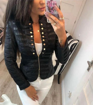 Faux Leather Jacket With Gold Buttons, Zip Front Close Military Style