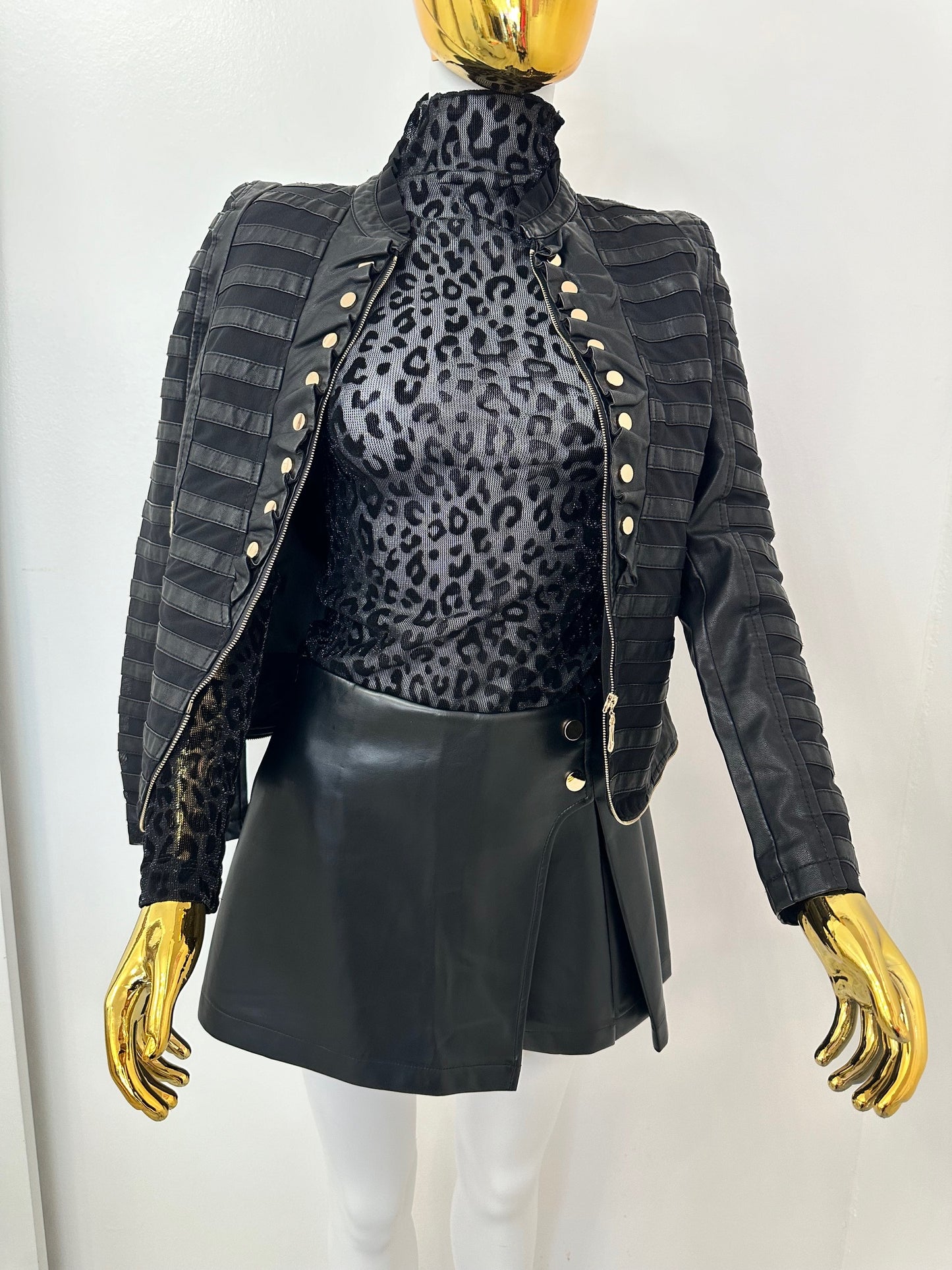 Faux Leather Jacket With Gold Buttons, Zip Front Close Military Style. Stunning!