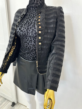 Faux Leather Jacket With Gold Buttons, Zip Front Close Military Style