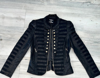 Faux Leather Jacket With Gold Buttons, Zip Front Close Military Style