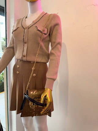Ribbed Cardigan Adorned With Gold Chains And Gold Buttons