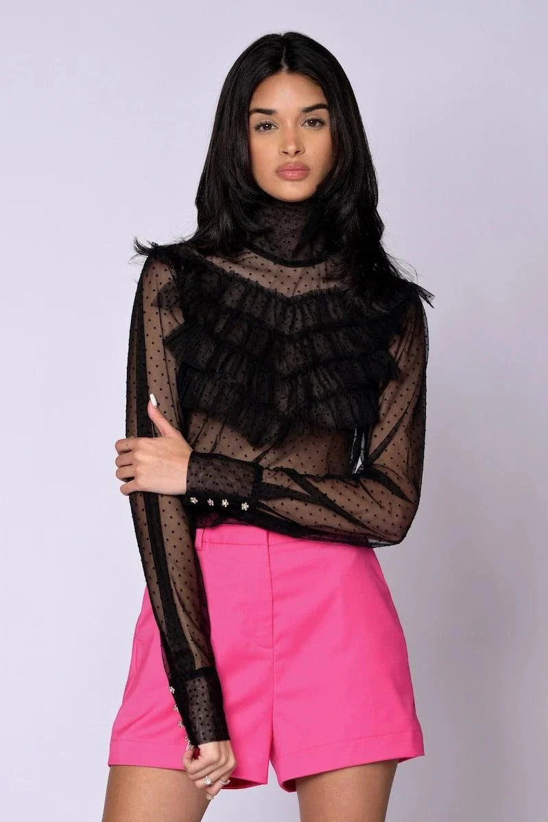 The Juliette Blouse black lace sheer blouse with tiered ruffles and gold button closures
