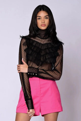 The Juliette Blouse black lace sheer blouse with tiered ruffles and gold button closures