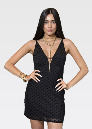 Model wearing The Belle D’Amour Little Black Dress front view