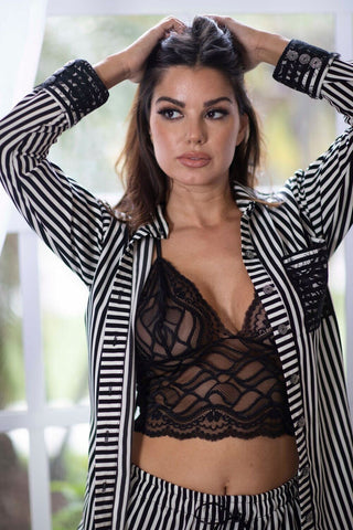 Close-up of delicate eyelash lace trim on cuffs and pockets of The Black Tie Set.