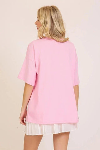 Oversized pink cotton Sequin Pickleball T-shirt with short sleeves, dropped shoulders and a relaxed fit