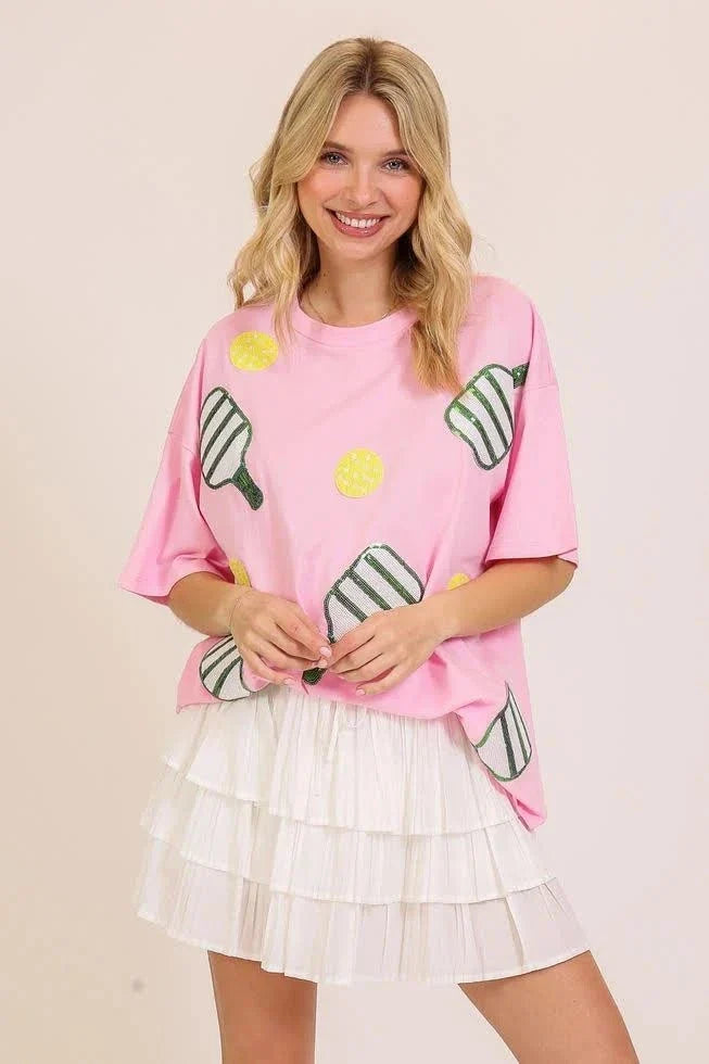 Sequin Pickleball oversized pink cotton T-shirt with paddle and ball graphics, dropped shoulders and short sleeves