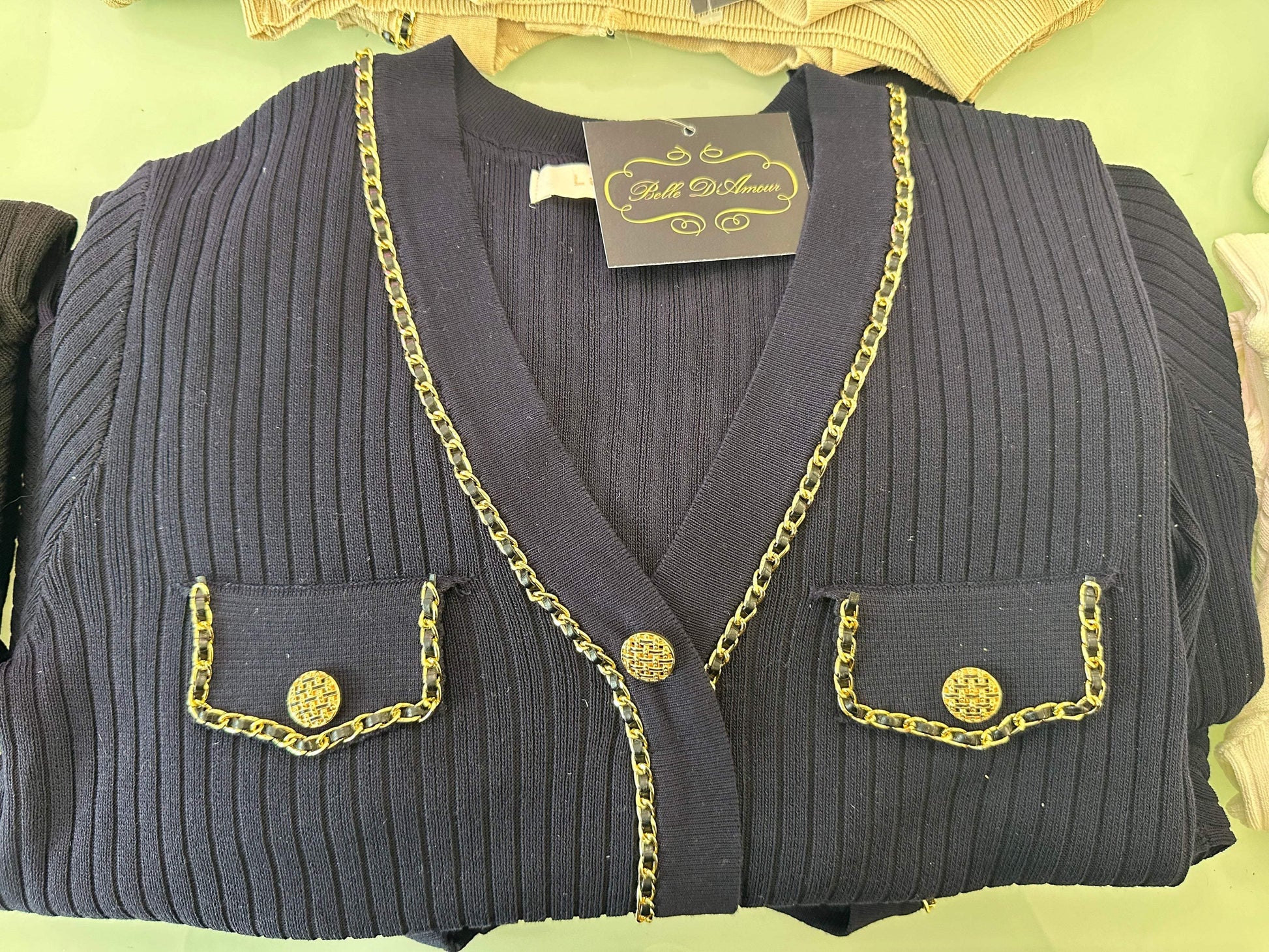 Ribbed Cardigan Adorned With Gold Chains And Gold Buttons - Belledamour.com