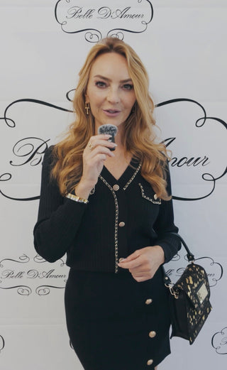 Ribbed Cardigan Adorned With Gold Chains And Gold Buttons - Belledamour.com