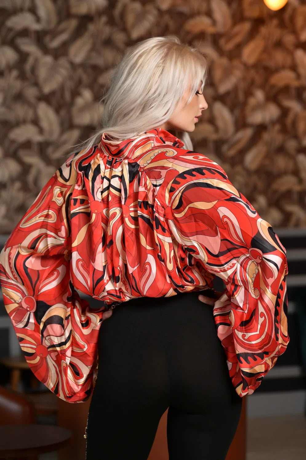 Close-up of The Fantasy Blouse in Red Multi highlighting the detailed abstract print