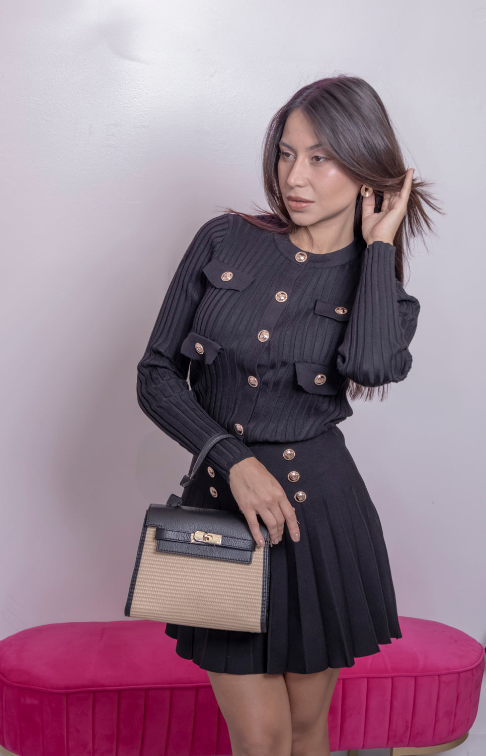 The Linda Gold Buttoned Pleated Skirt - Belledamour.com