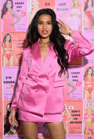 The Satin Candy Pink Skirt Suit - Belledamour.com