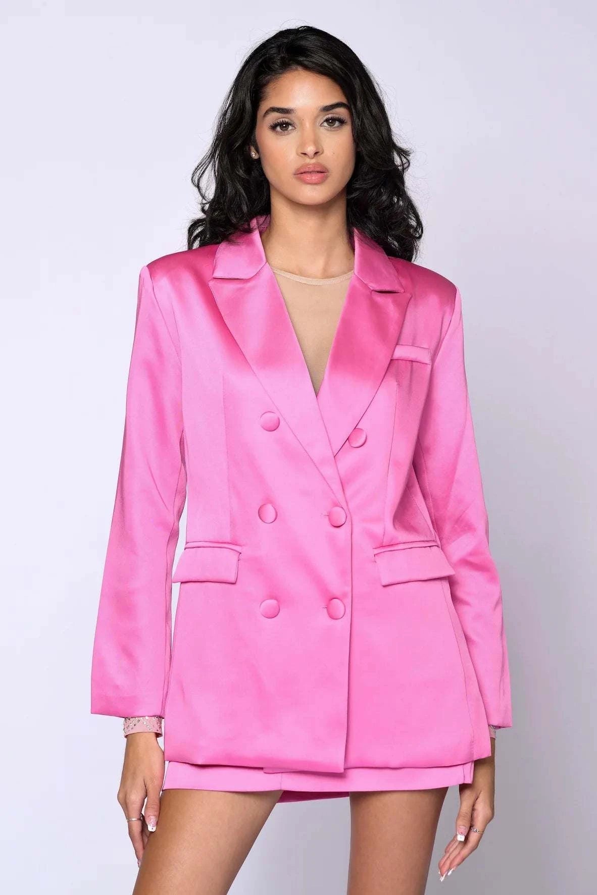The Satin Candy Pink Skirt Suit - Belledamour.com