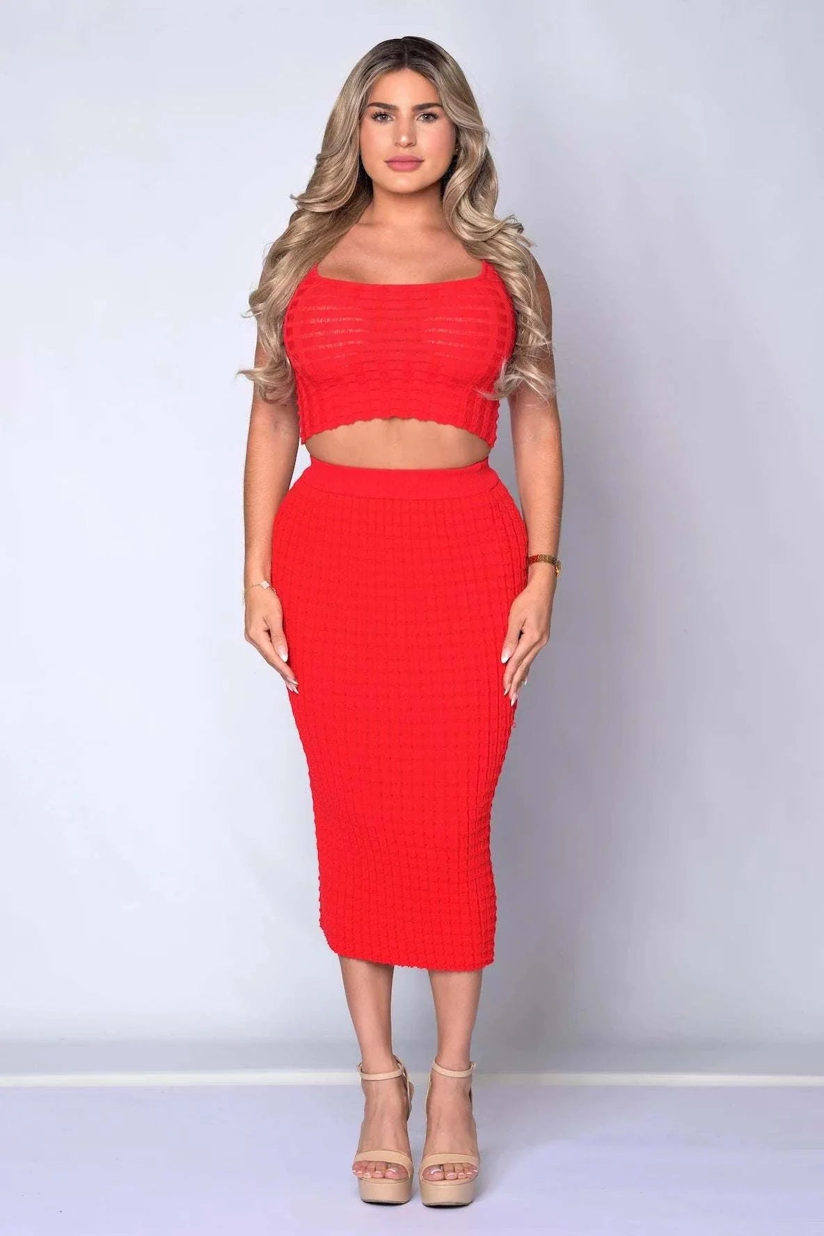 The Sabrina Skirt Set sleeveless fitted top and body-hugging midi skirt in soft stretch waffle knit