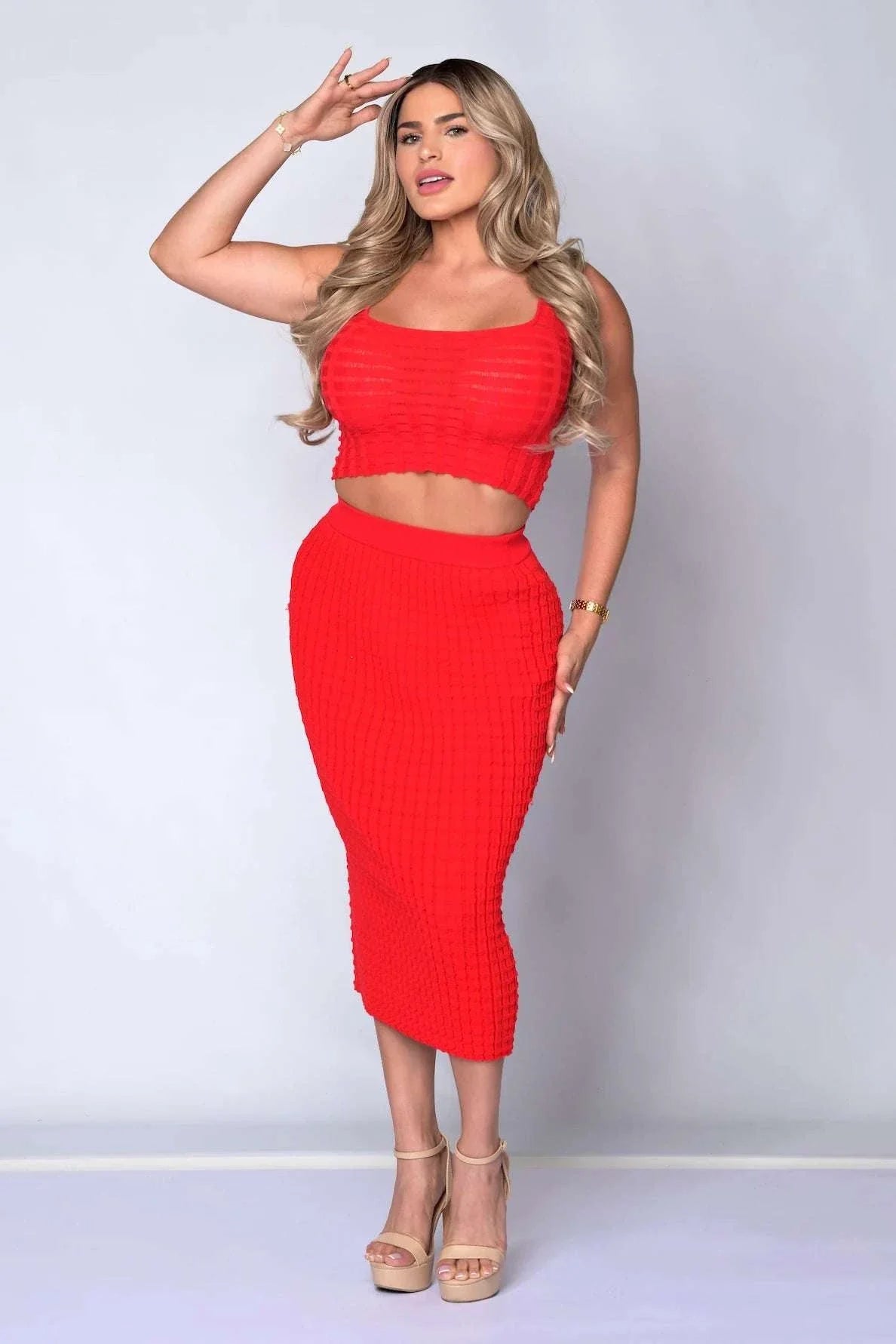 The Sabrina Skirt Set in stretch waffle knit with fitted sleeveless top and body-hugging midi skirt
