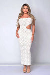 Strapless Capri Lace maxi dress with side cut-out, ruffle details, and back slit in delicate stretch lace