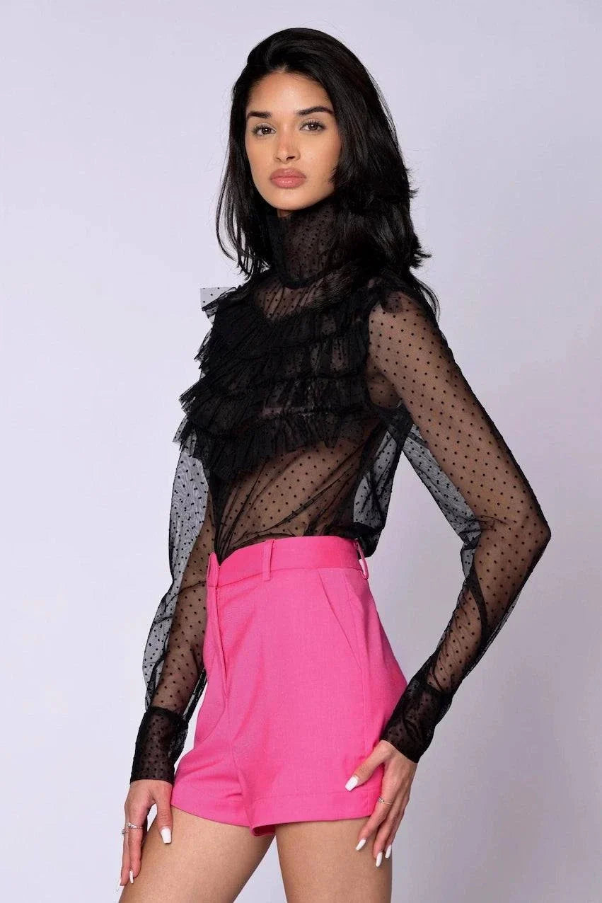 Vibrant raspberry pink tailored Runway Shorts with side pockets and flattering short length