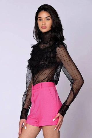 Vibrant raspberry pink tailored Runway Shorts with side pockets and flattering short length
