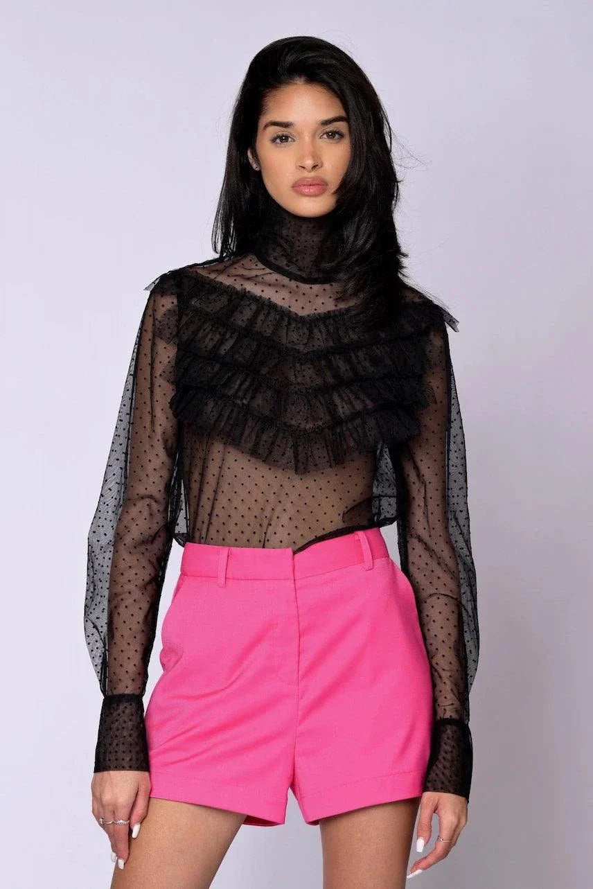 Vibrant raspberry pink tailored Runway Shorts with side pockets and flattering short length