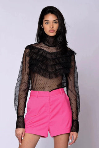 Vibrant raspberry pink tailored Runway Shorts with side pockets and flattering short length