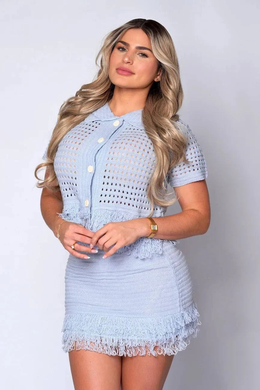 The Monica 2-piece fringed crochet skirt set with short-sleeve collared top and mini skirt