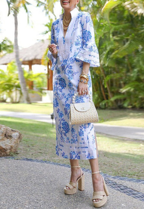 White & Blue Flower Dress - Belledamour.com