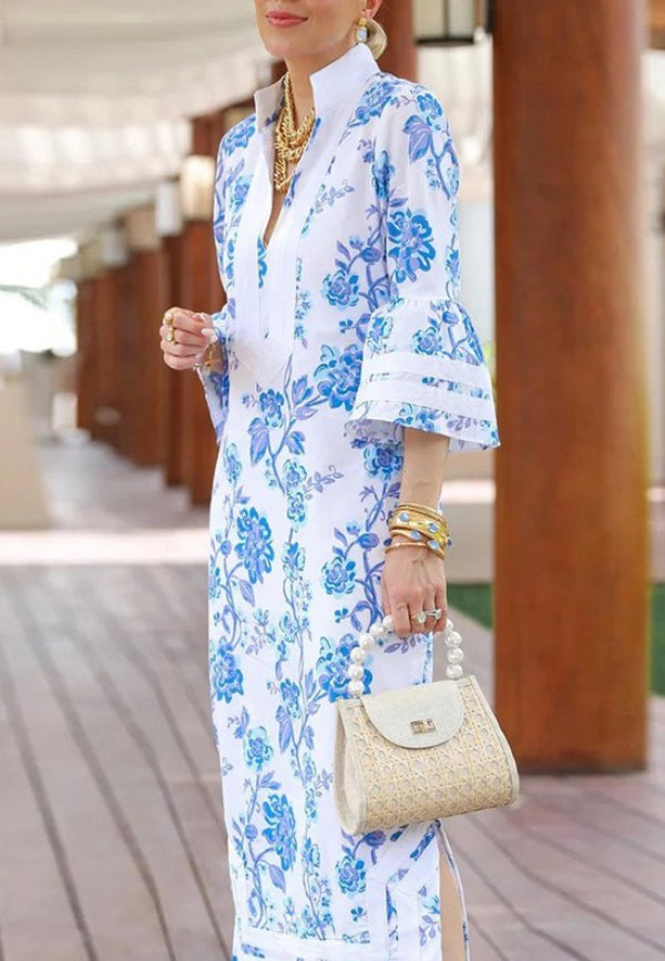 White & Blue Flower Dress - Belledamour.com